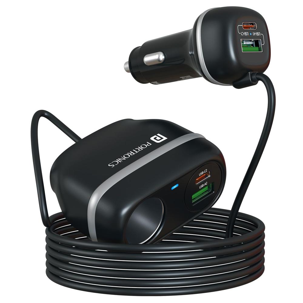 Portronics Car Power Trail 111W Car Charger, 4 Port Fast Car Charger, Dual 30W Type-C PD,