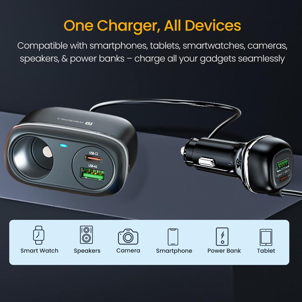 Portronics Car Power Trail 111W Car Charger, 4 Port Fast Car Charger, Dual 30W Type-C PD,