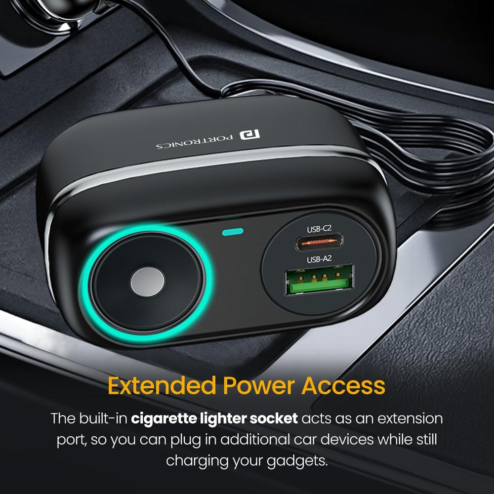 Portronics Car Power Trail 111W Car Charger, 4 Port Fast Car Charger, Dual 30W Type-C PD,