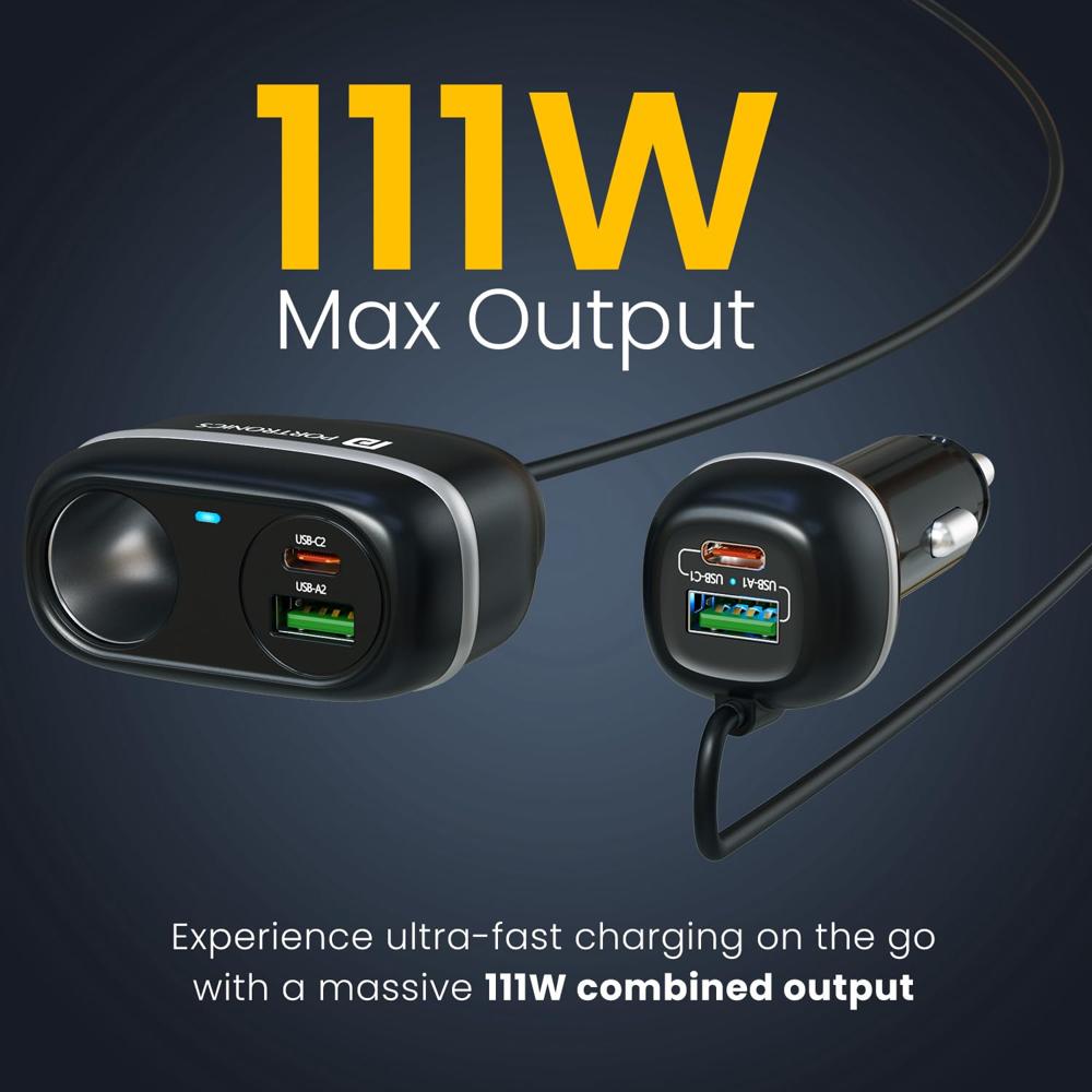 Portronics Car Power Trail 111W Car Charger, 4 Port Fast Car Charger, Dual 30W Type-C PD,