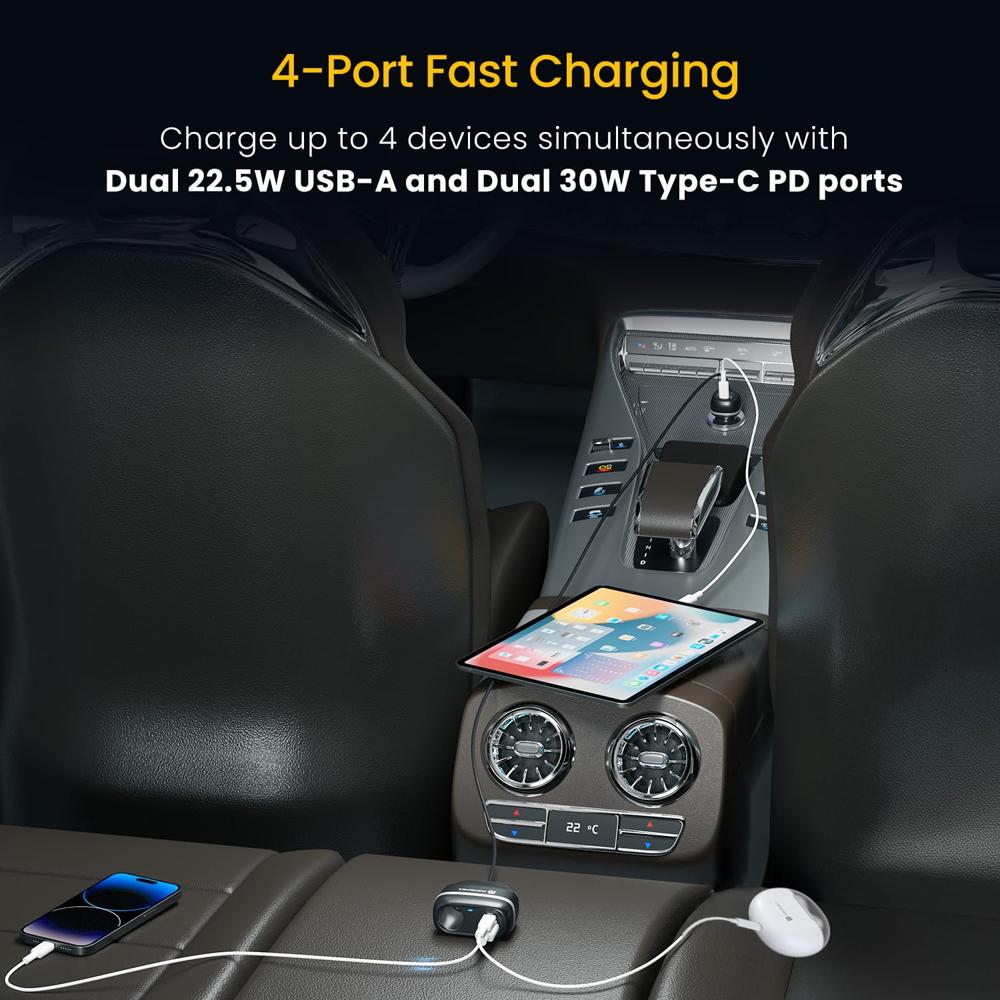 Portronics Car Power Trail 111W Car Charger, 4 Port Fast Car Charger, Dual 30W Type-C PD,