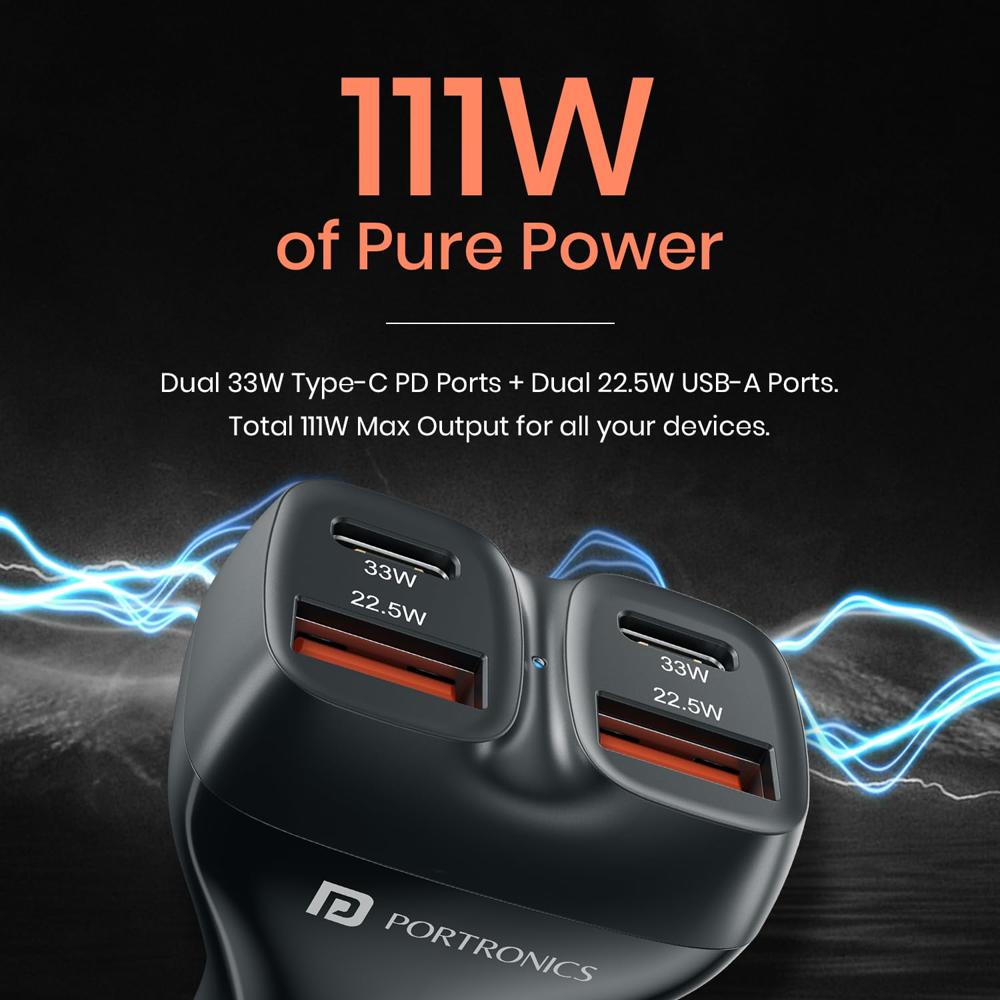 Portronics Car Power Quard 111W Car Charger, 4 Ports Fast Car Charger, Dual 33W Type-C PD,