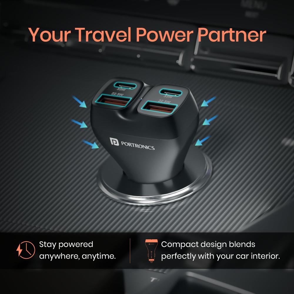 Portronics Car Power Quard 111W Car Charger, 4 Ports Fast Car Charger, Dual 33W Type-C PD,