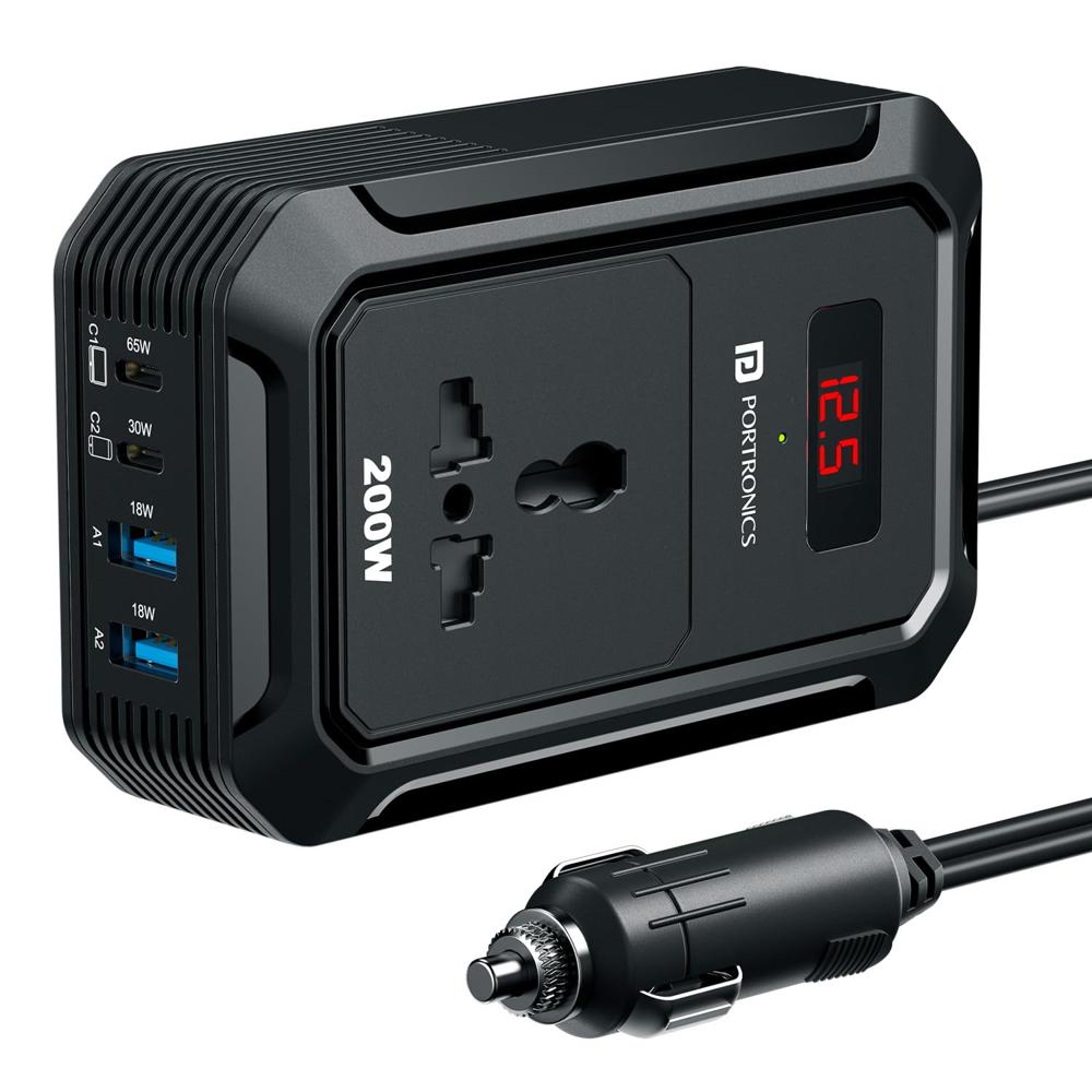 Portronics Car Power III Pro 200W Car Power Inverter with Universal AC Socket, 65W Type-C PD, 30W