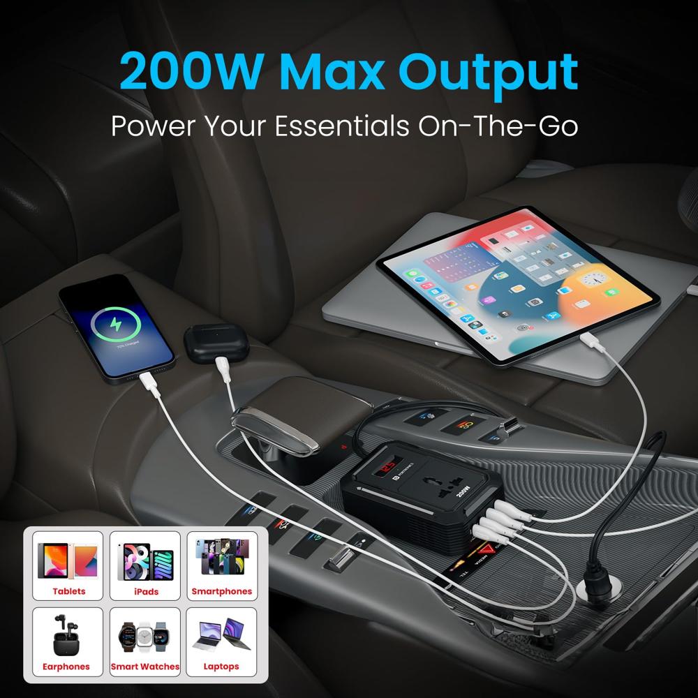 Portronics Car Power III Pro 200W Car Power Inverter with Universal AC Socket, 65W Type-C PD, 30W