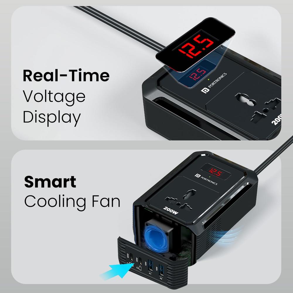 Portronics Car Power III Pro 200W Car Power Inverter with Universal AC Socket, 65W Type-C PD, 30W