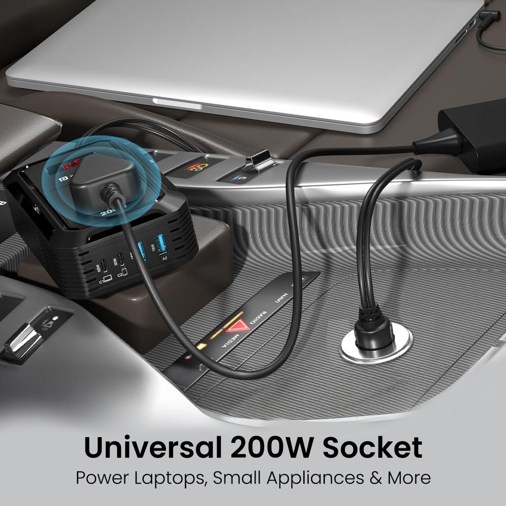 Portronics Car Power III Pro 200W Car Power Inverter with Universal AC Socket, 65W Type-C PD, 30W