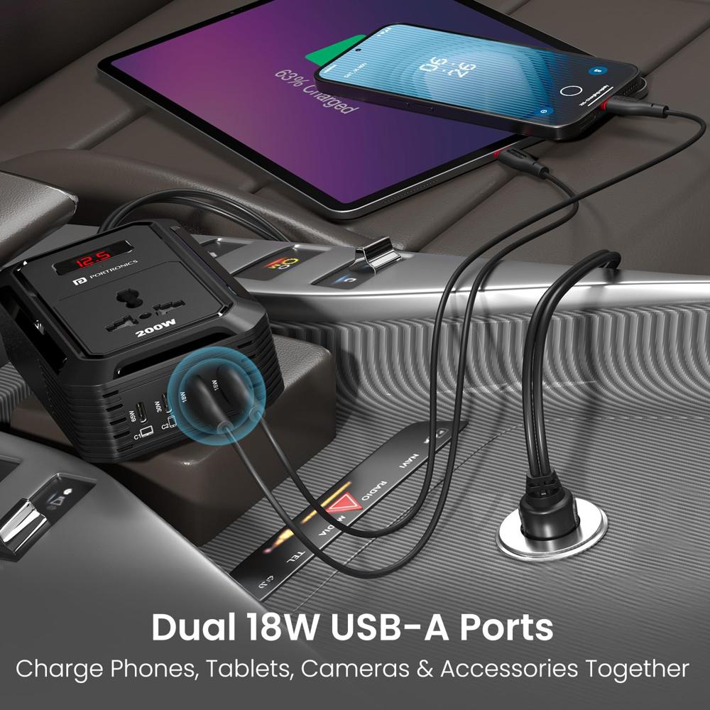 Portronics Car Power III Pro 200W Car Power Inverter with Universal AC Socket, 65W Type-C PD, 30W