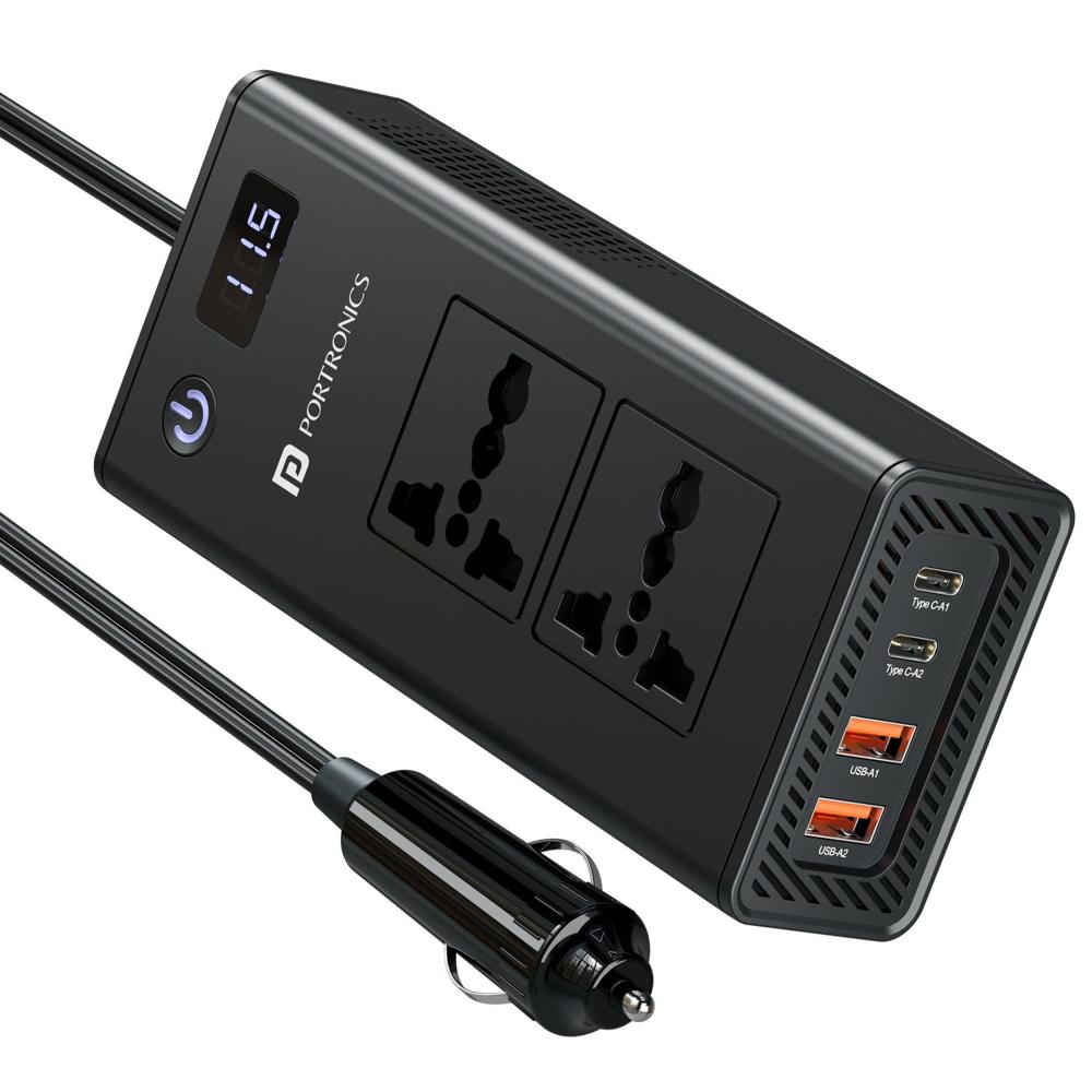 Portronics Zaptor 200w Car Inverter With Dual Ac Sockets, - Color: Black