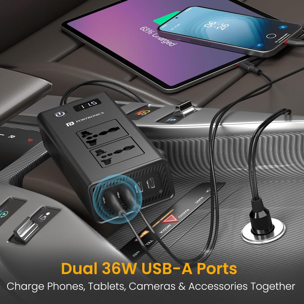 Portronics Zaptor 200W Car Inverter with Dual AC Sockets,