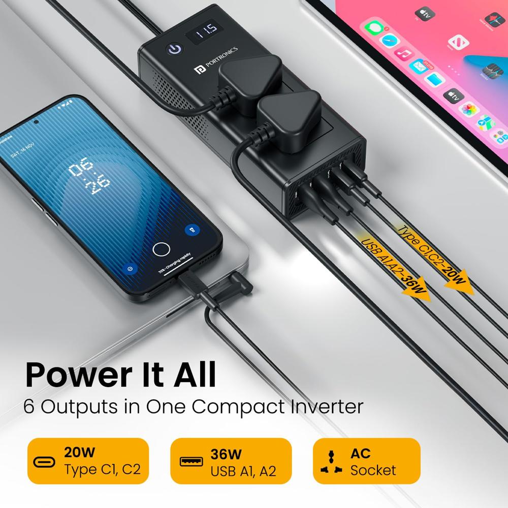 Portronics Zaptor 200W Car Inverter with Dual AC Sockets,