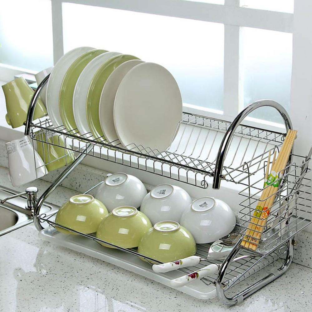 Stainless Steel 2 Layer Kitchen Dish Rack / Plate Cutlery Stand