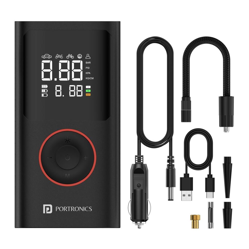 Portronics Vayu, 2-in-1 Tyre Inflator, Rechargeable & Corded Power, Preset Inflation Modes,