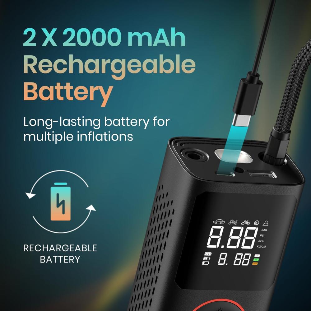 Portronics Vayu, 2-in-1 Tyre Inflator, Rechargeable & Corded Power, Preset Inflation Modes,
