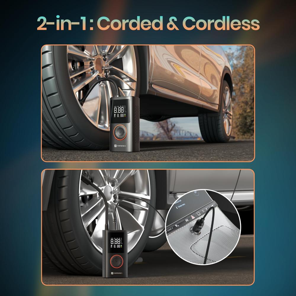 Portronics Vayu, 2-in-1 Tyre Inflator, Rechargeable & Corded Power, Preset Inflation Modes,