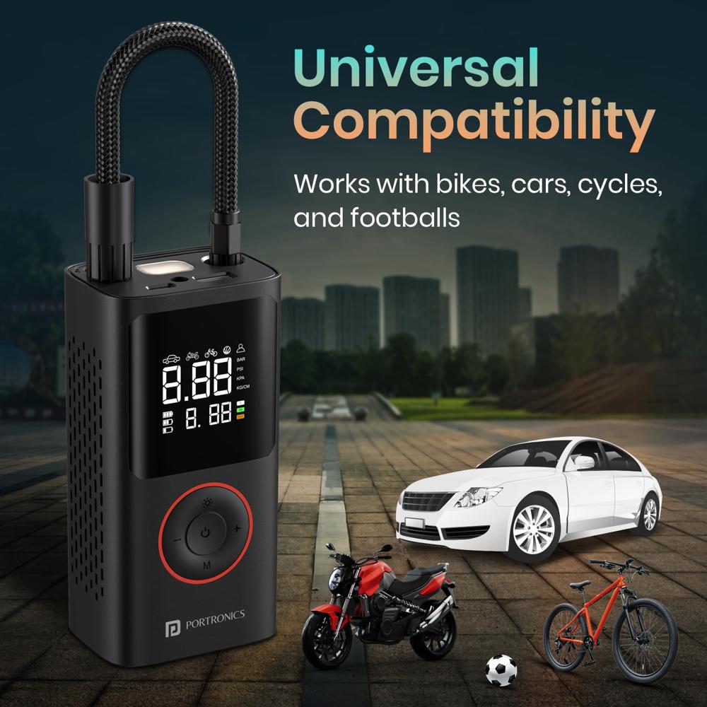 Portronics Vayu, 2-in-1 Tyre Inflator, Rechargeable & Corded Power, Preset Inflation Modes,