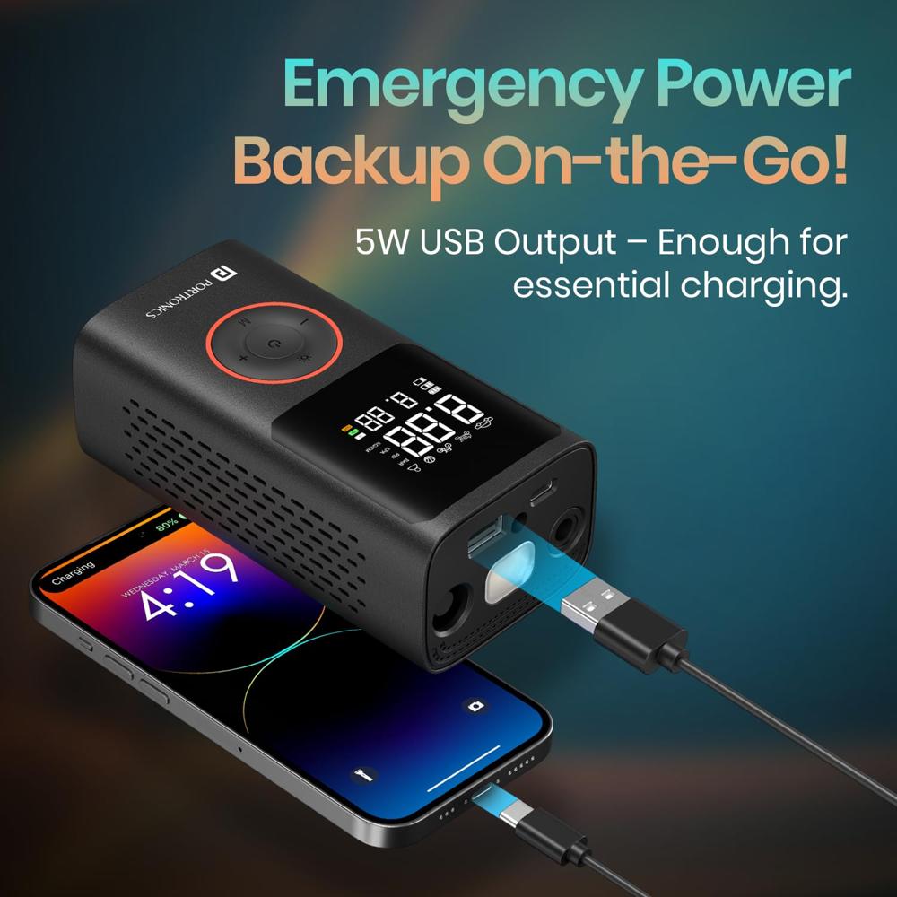 Portronics Vayu, 2-in-1 Tyre Inflator, Rechargeable & Corded Power, Preset Inflation Modes,