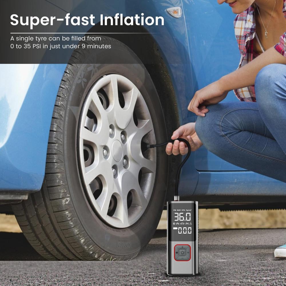 Portronics Vayu 2.0 Rechargeable Tyre Inflator with 150 PSI Pressure, 6000 mAh Battery,