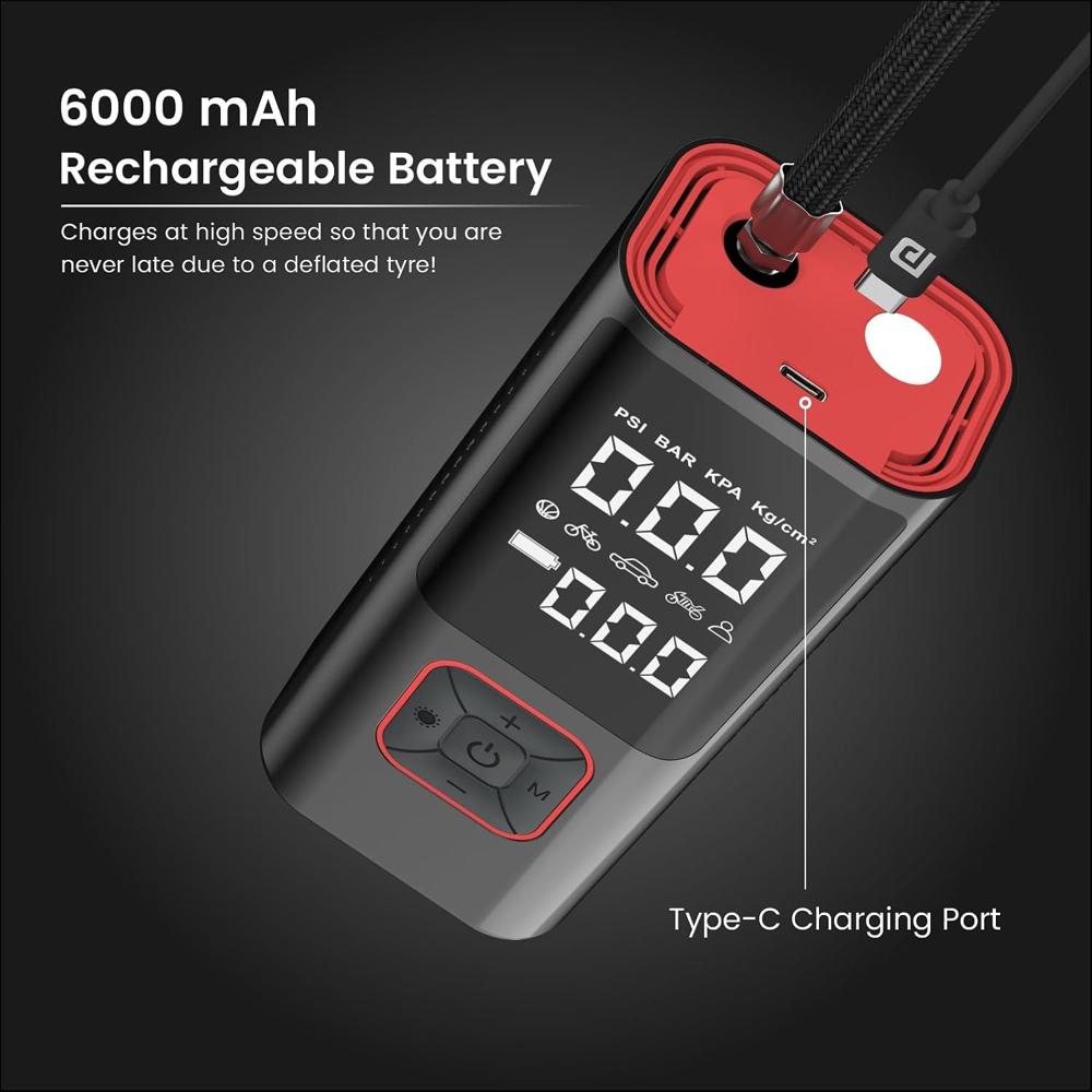 Portronics Vayu 2.0 Rechargeable Tyre Inflator with 150 PSI Pressure, 6000 mAh Battery,