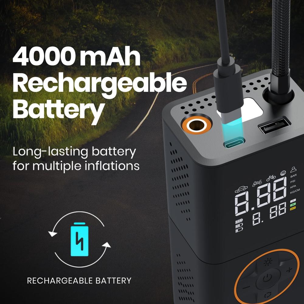 Portronics Vayu 3.0 tyre Inflator with 150 PSI Pressure, 4000 mAh