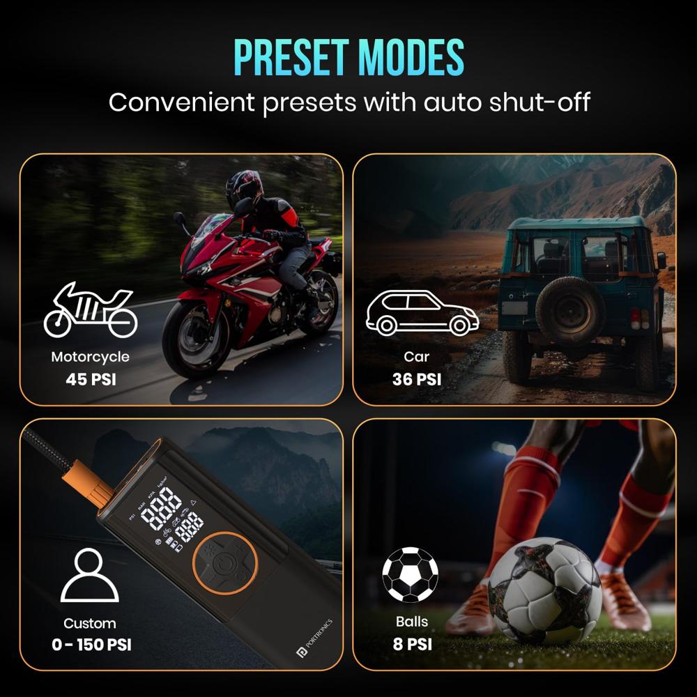 Portronics Vayu 4.0 Tyre Inflator with 2-in-1 Rechargeable & Corded Power, Preset Inflation