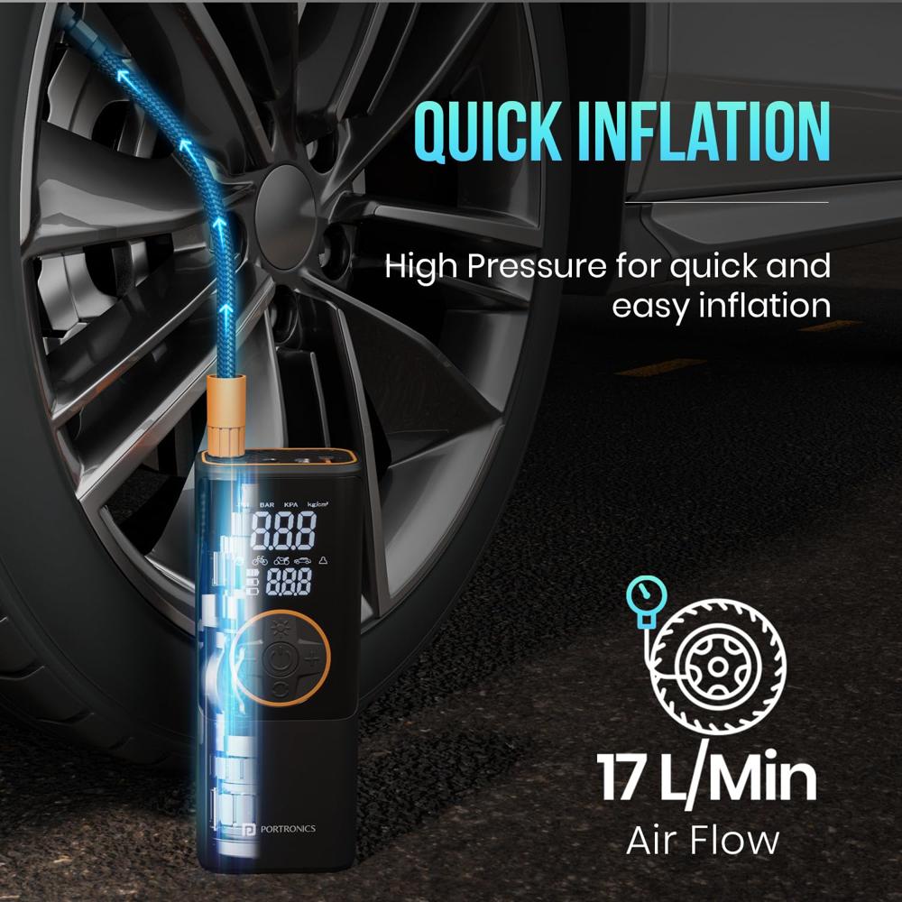 Portronics Vayu 4.0 Tyre Inflator with 2-in-1 Rechargeable & Corded Power, Preset Inflation