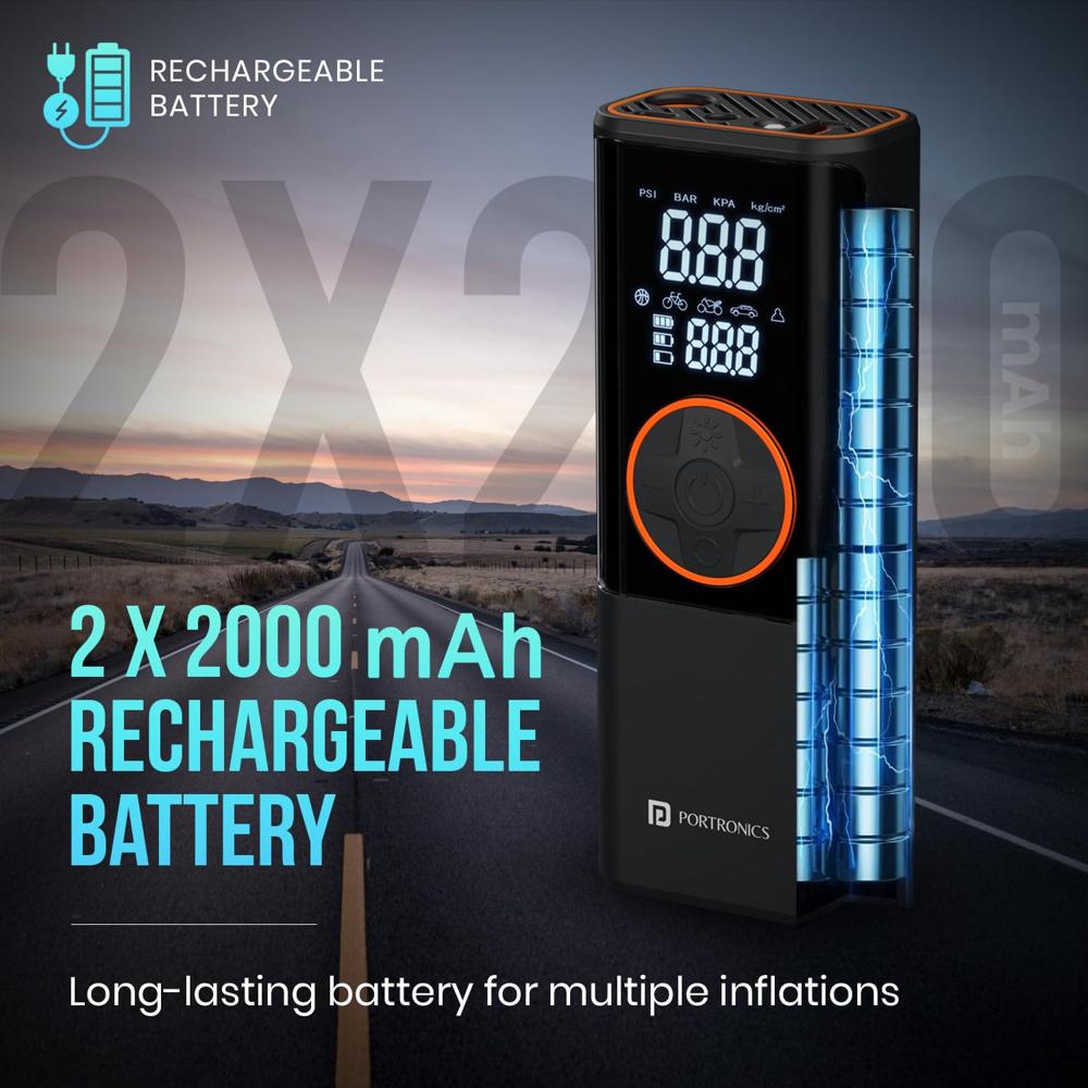 Portronics Vayu 4.0 Tyre Inflator with 2-in-1 Rechargeable & Corded Power, Preset Inflation