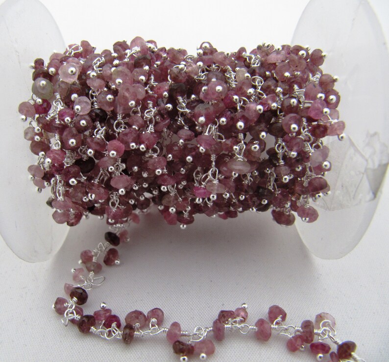 Natural Pink Tourmaline Dangling Chain Rondelle Faceted Beaded Cluster Chain 3-4mm Size Tourmaline Bead Chain