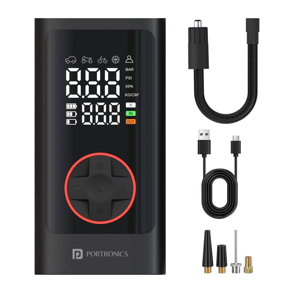 Portronics Vayu 7.0 Tyre Inflator, Full-Size Digital Display, 4000 mAh Battery, 150 PSI Pressure,