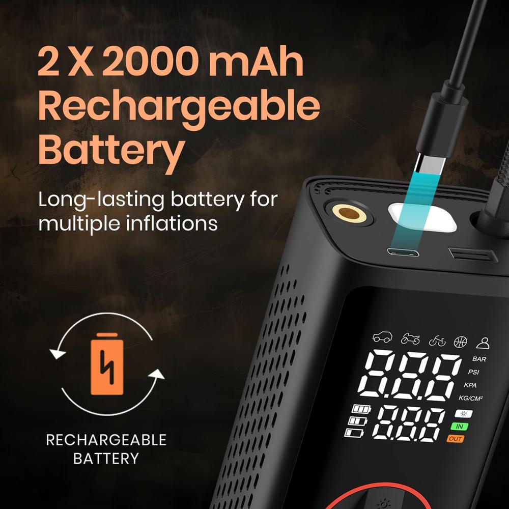Portronics Vayu 7.0 Tyre Inflator, Full-Size Digital Display, 4000 mAh Battery, 150 PSI Pressure,