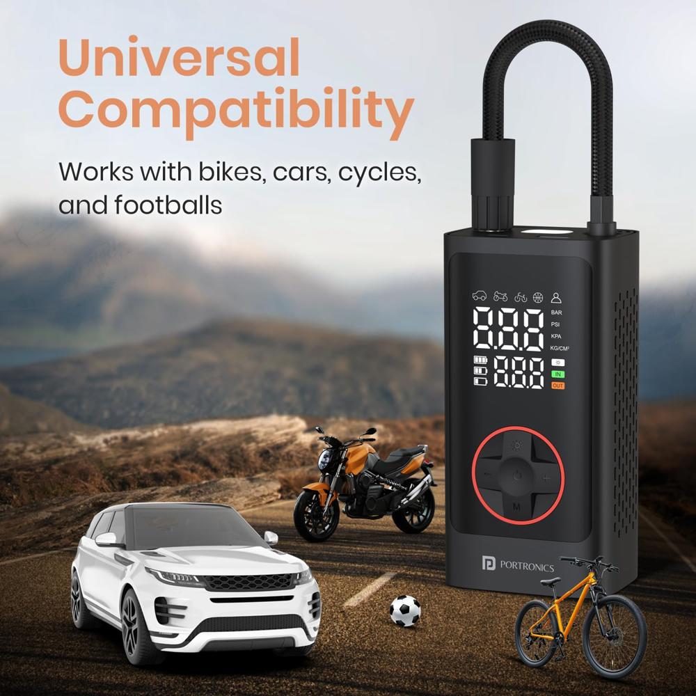 Portronics Vayu 7.0 Tyre Inflator, Full-Size Digital Display, 4000 mAh Battery, 150 PSI Pressure,