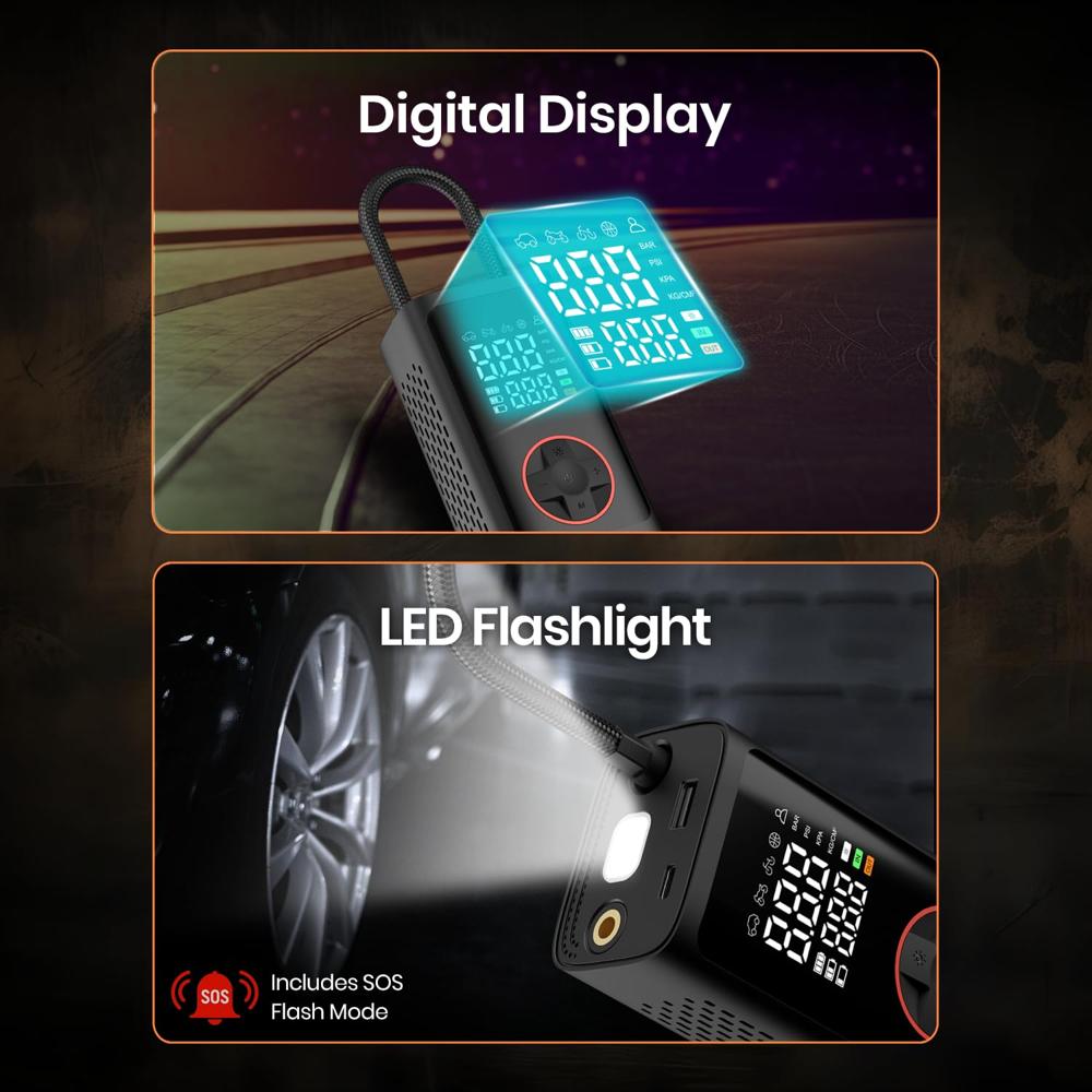 Portronics Vayu 7.0 Tyre Inflator, Full-Size Digital Display, 4000 mAh Battery, 150 PSI Pressure,