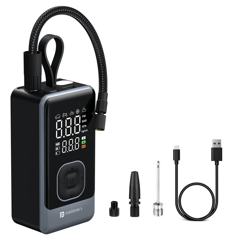 Portronics Vayu 8.0, Digital Rechargeable Tyre Inflator With In-built Hanging Support, - Color: Black