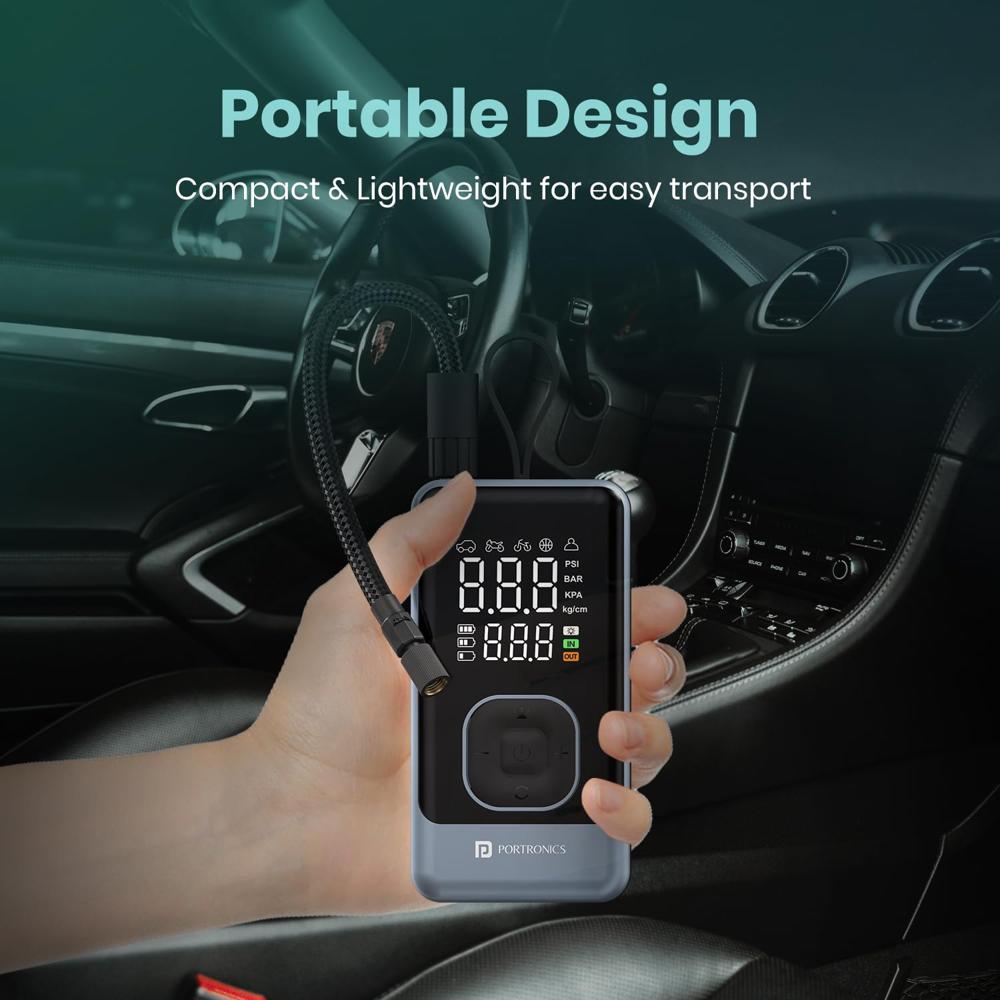 Portronics Vayu 8.0, Digital Rechargeable Tyre Inflator with In-Built Hanging Support,