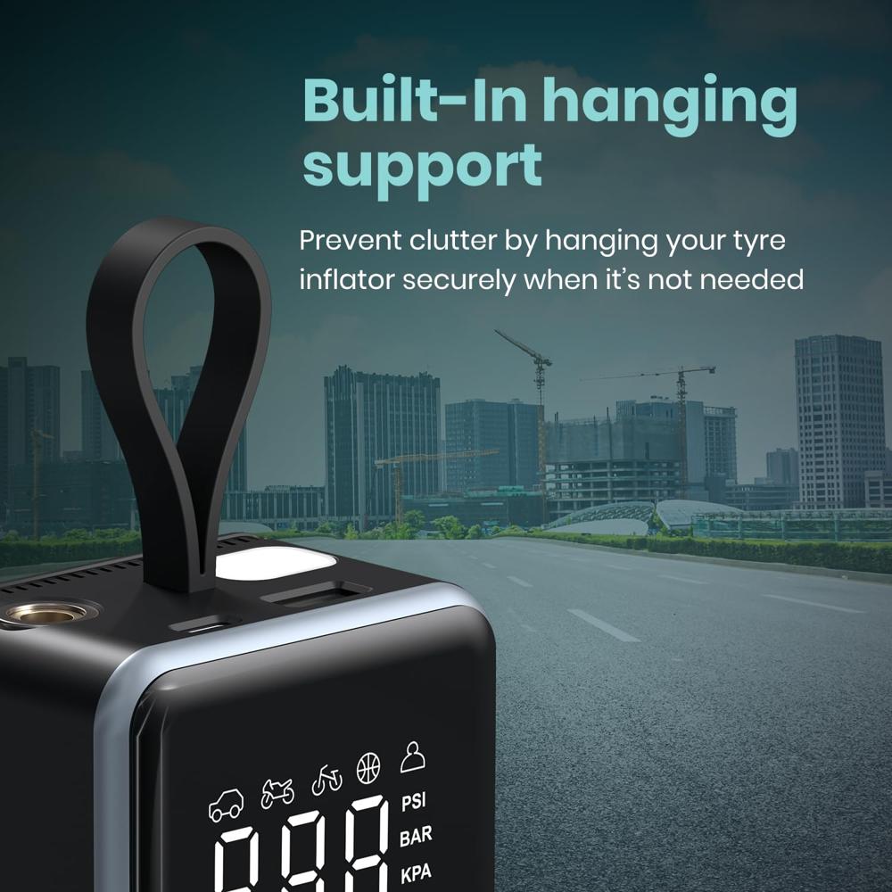 Portronics Vayu 8.0, Digital Rechargeable Tyre Inflator with In-Built Hanging Support,