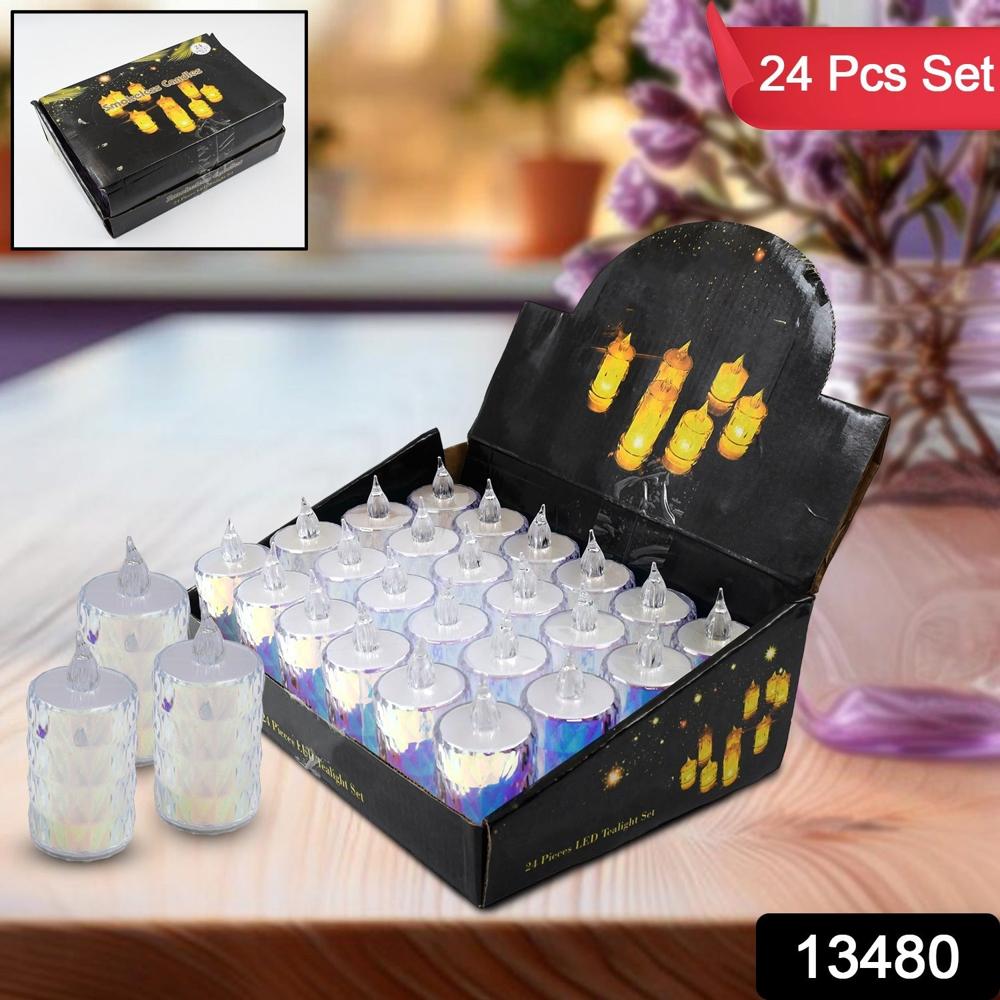 24 Pc Flameless And Smokeless Decorative Melting Candles Led Tea Light, Diwali - Color: Mix