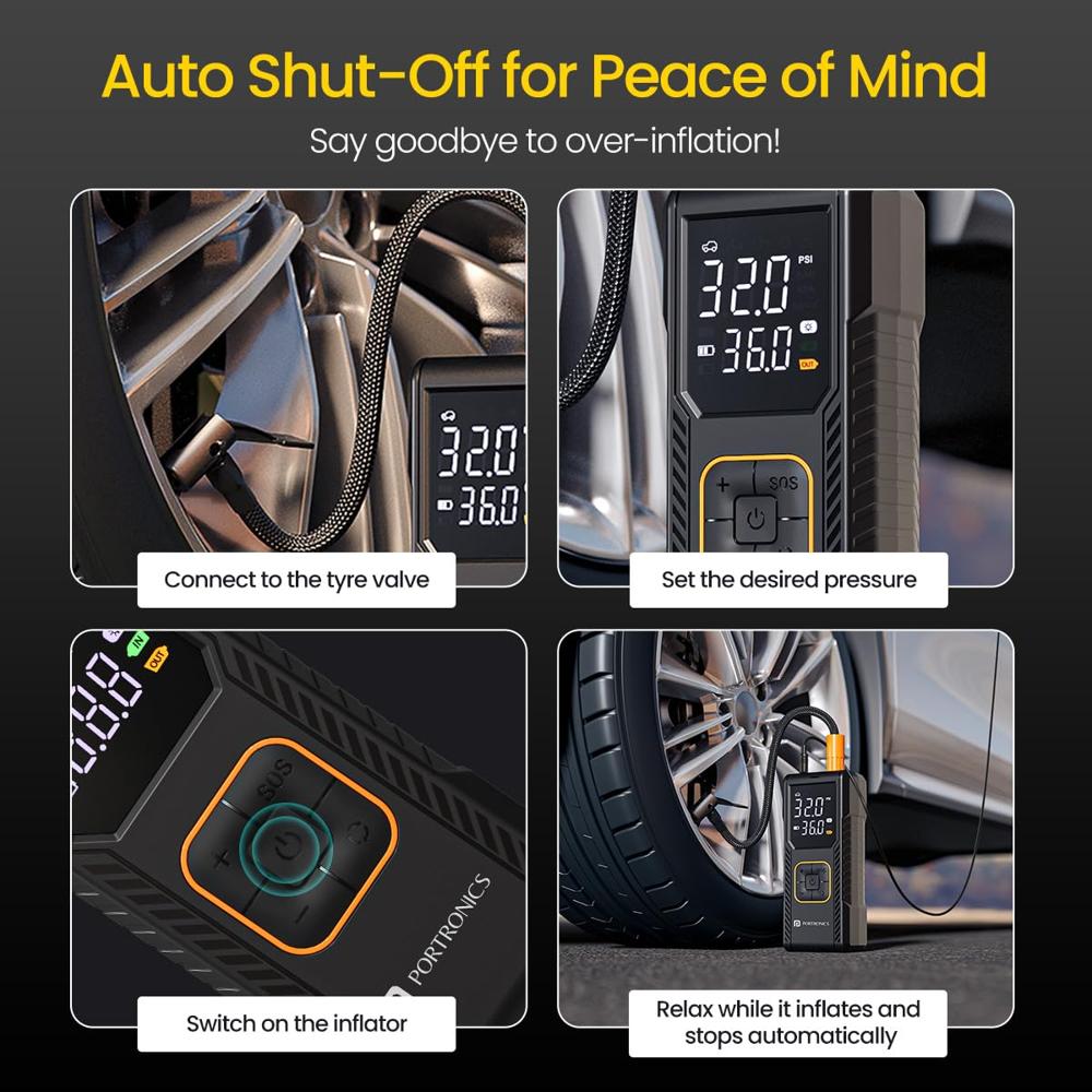 Portronics Vayu 9.0 Portable & Rechargeable Tyre Inflator with 2-in-1 Cordless & Corded Modes,