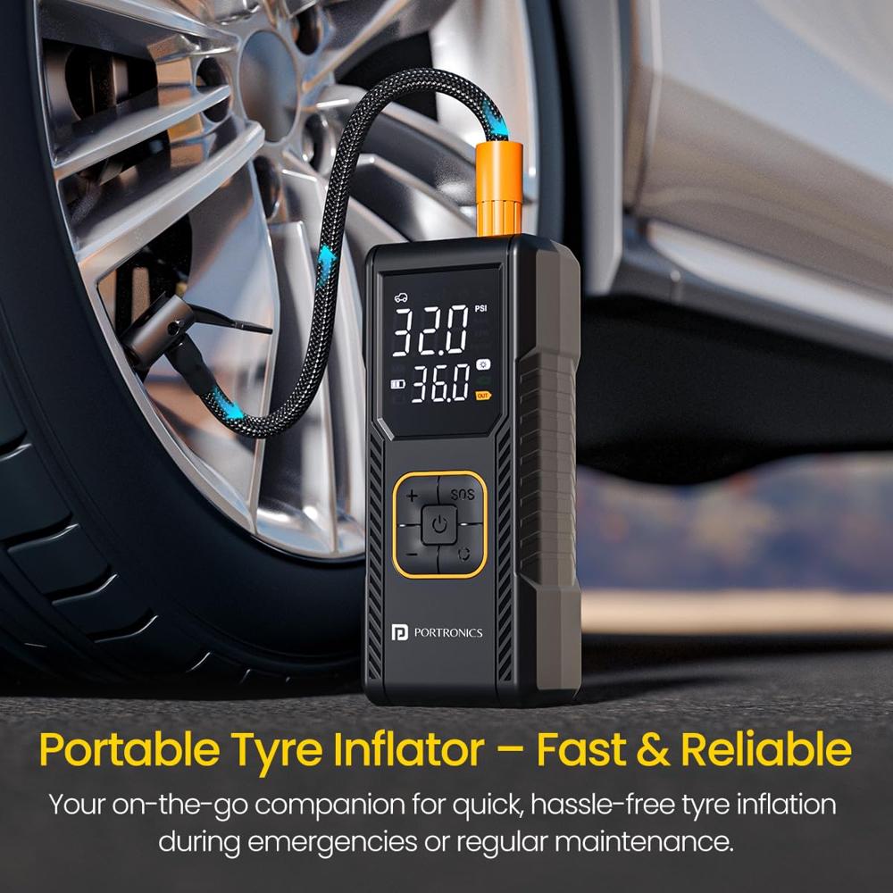 Portronics Vayu 9.0 Portable & Rechargeable Tyre Inflator with 2-in-1 Cordless & Corded Modes,