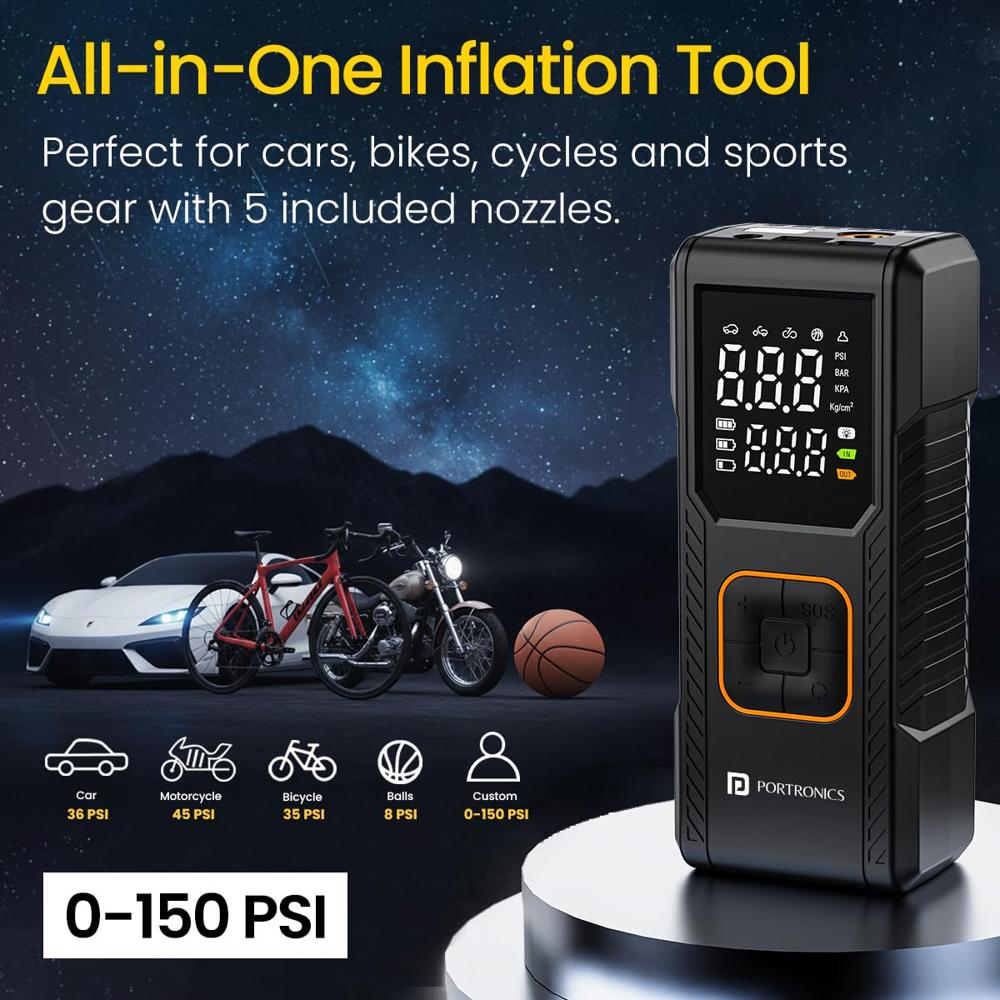Portronics Vayu 9.0 Portable & Rechargeable Tyre Inflator with 2-in-1 Cordless & Corded Modes,