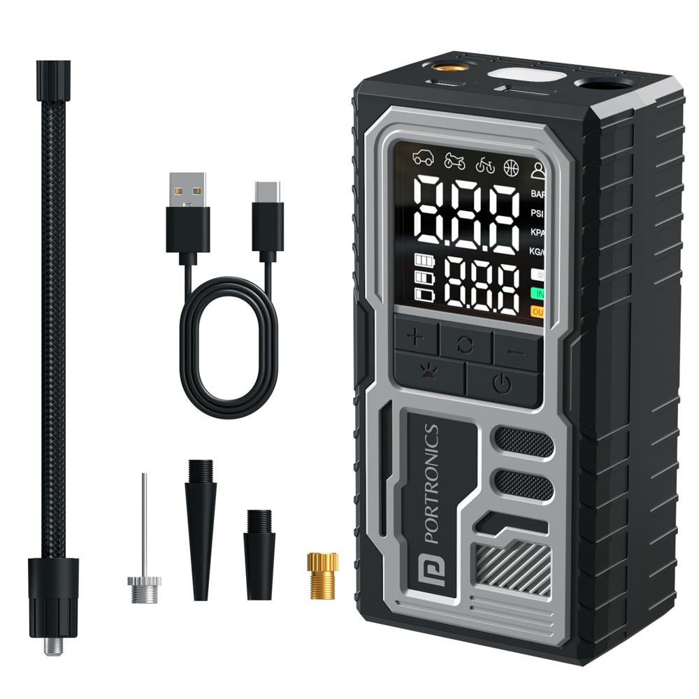 Portronics Vayu 10 Type-C Rechargeable Tyre Inflator, 2 x2000 mAh Batteries, Digital