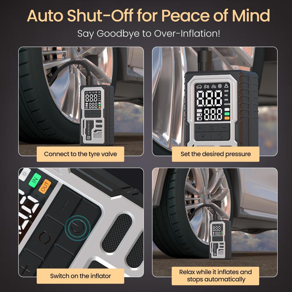 Portronics Vayu 10 Type-C Rechargeable Tyre Inflator, 2 x2000 mAh Batteries, Digital