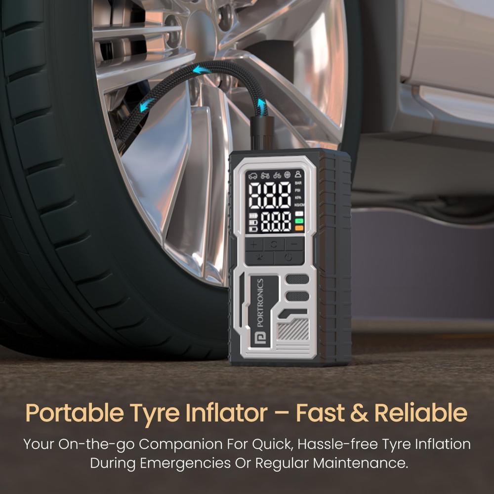 Portronics Vayu 10 Type-C Rechargeable Tyre Inflator, 2 x2000 mAh Batteries, Digital