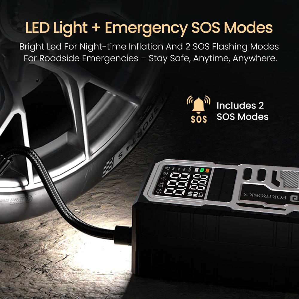 Portronics Vayu 10 Type-C Rechargeable Tyre Inflator, 2 x2000 mAh Batteries, Digital