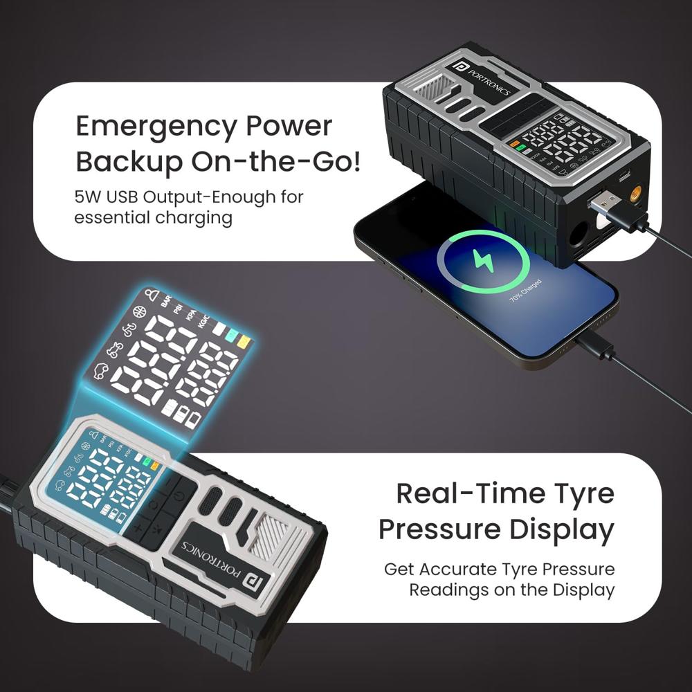 Portronics Vayu 10 Type-C Rechargeable Tyre Inflator, 2 x2000 mAh Batteries, Digital