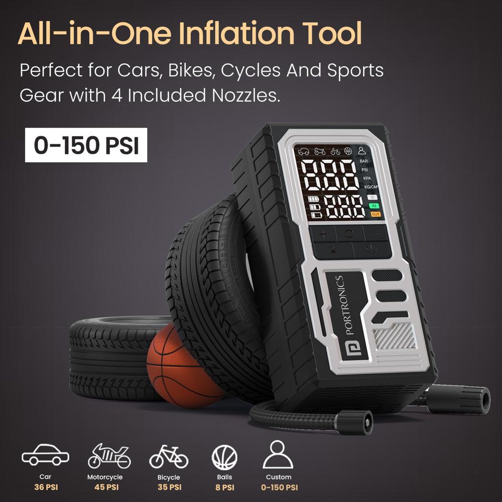 Portronics Vayu 10 Type-C Rechargeable Tyre Inflator, 2 x2000 mAh Batteries, Digital