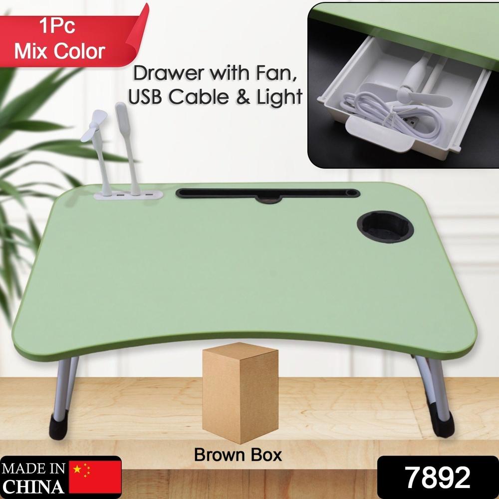 Multipurpose Study Table Foldable Portable Notebook Bed Lap Desk Tray Stand Reading Holder With Coffee Cup Slot, Drawer, Fan, Usb Cable & Light For Breakfast, Reading & Movie Watching (1 Pc Mix Color) - Material: Durable