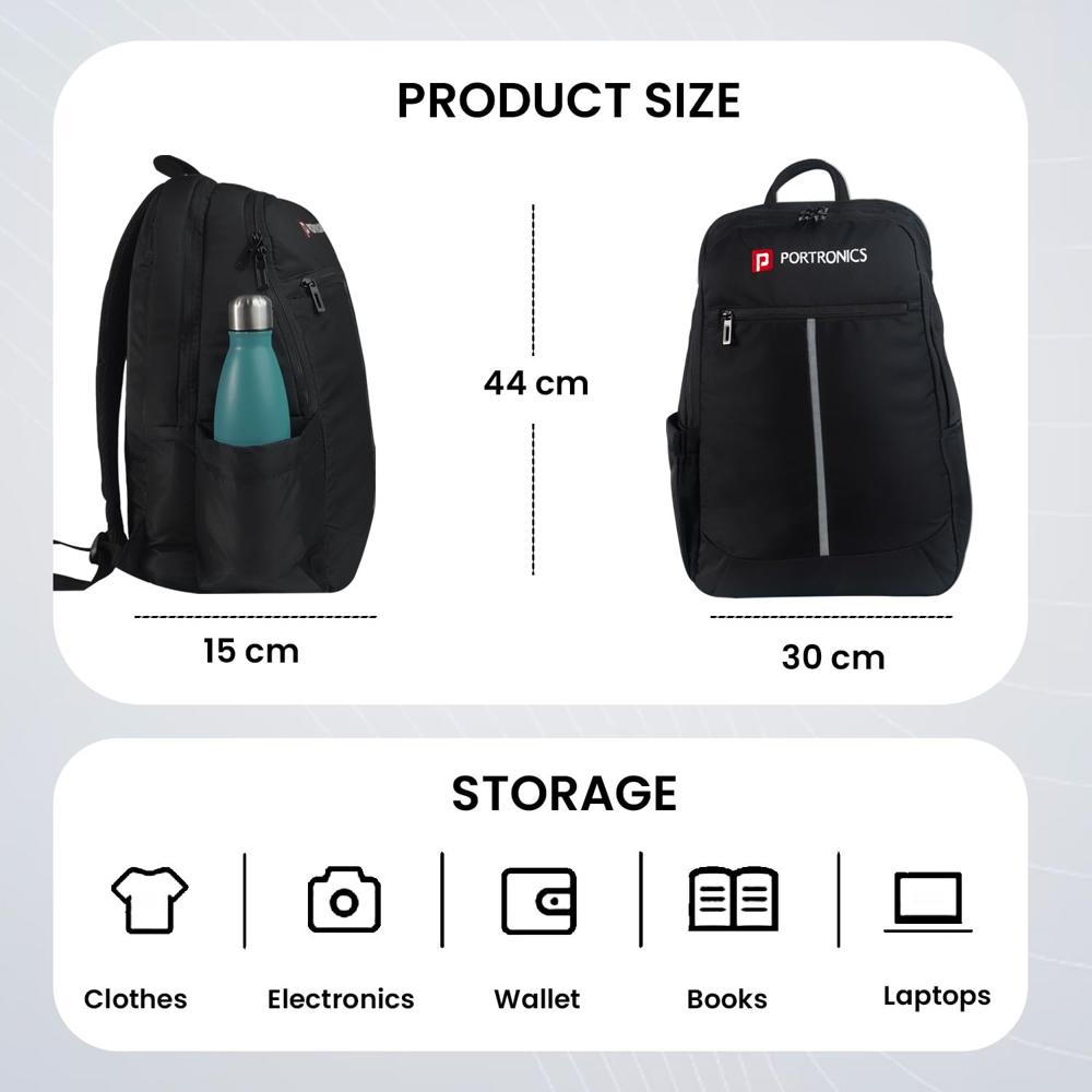 Portronics Byte Laptop Backpack Bag with 15.6 Inch Laptop Sleeve, Bottle