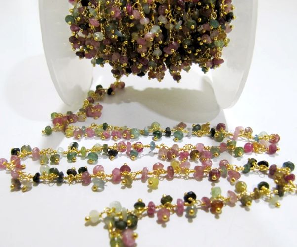 Natural Multi Tourmaline Faceted Cluster Rosery 3-4mm Wire Wrap 