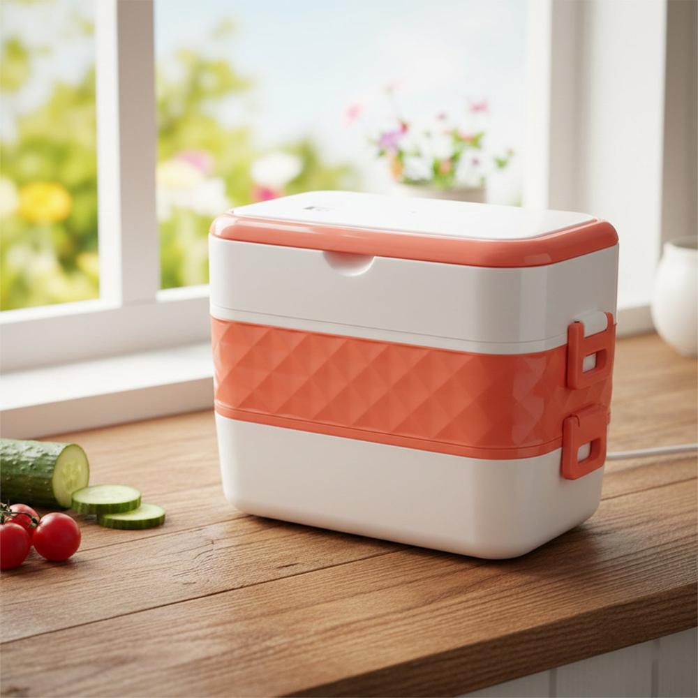 Electric Heated Lunch Box With Stainless Steel Inner Containers (1 Set) - Material: Plastic/Steel