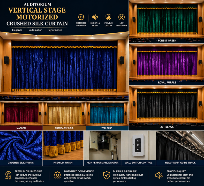 Auditorium  Vertical Stage Motorized Crushed Silk Curtain